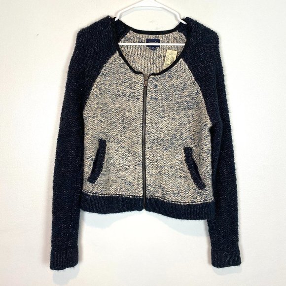 American Eagle Metallic Wool Sweater Zipper Cardigan Jacket Knit Navy White M - Picture 1 of 10